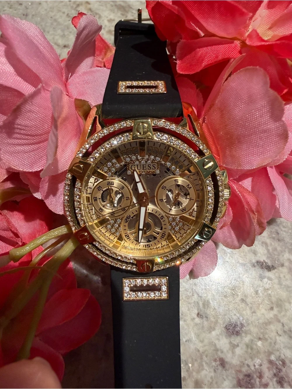 Guess Gold-Tone Chronograph Watch with Black Silicone Strap - Picture 4 of 7